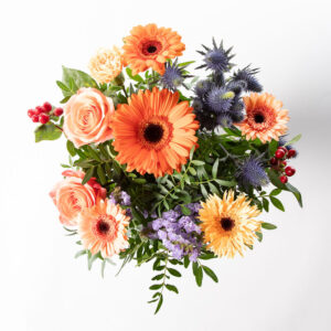Lot de deux bouquets mélange fleuri orange et bleu violet